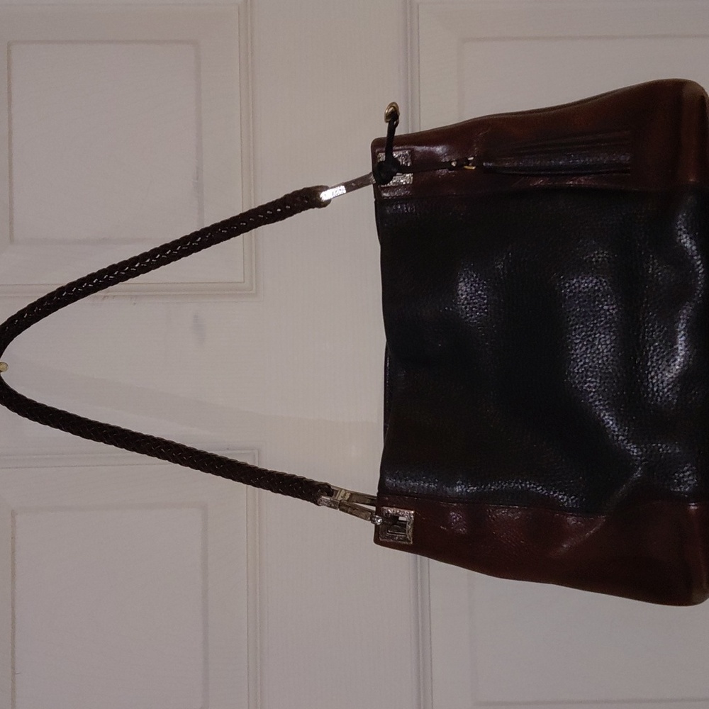 EUC Brighton Black & Brown Braided Handle Bag, Thick Tassel, Silver Hardware